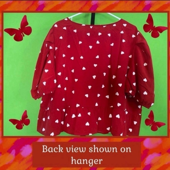 FEMME NWT 4X RED FLIRTY CROP TOP WHITE HEARTS PEPLUM HEM&PUFF SLEEVE - Picture 5 of 12